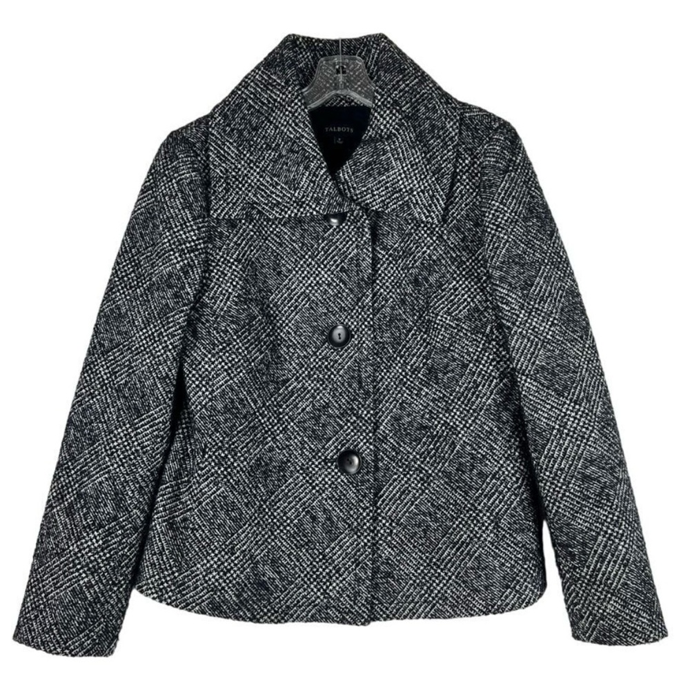 TALBOTS‎ Black White Wool Blend Herringbone Tweed Jacket Metallic Thread Size 6